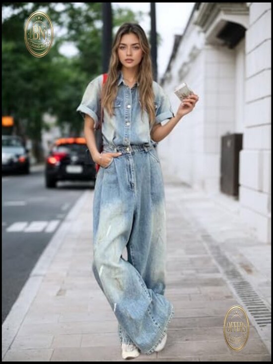 Denim Jumpsuit Short Sleeve Button Down Wide Leg Palazzo Pants Romper - Picture 4 of 7